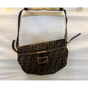 Vintage Fendi Zucca FF Monogram Canvas Leather Baguette Shoulder Bag Italy